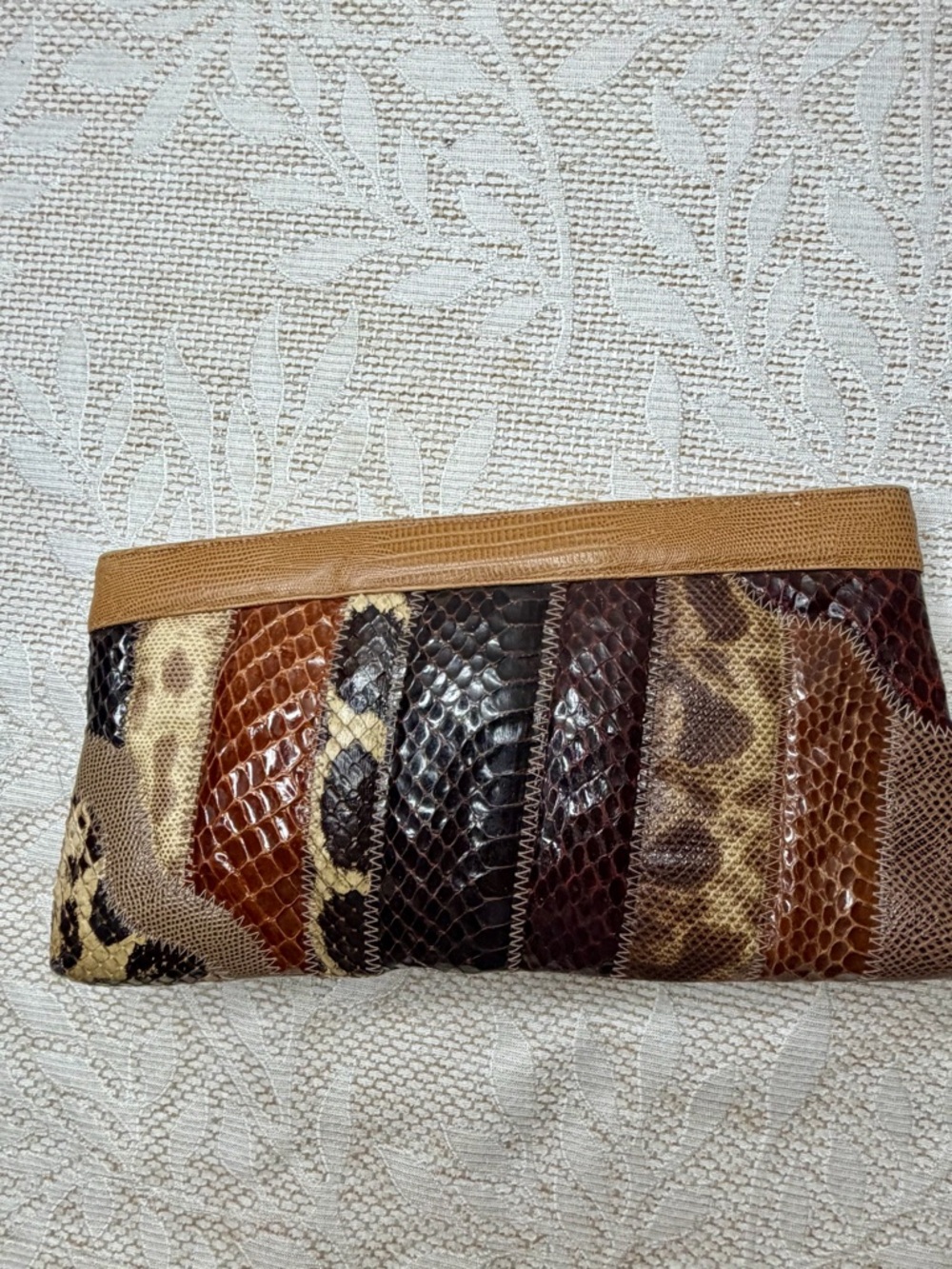 Bags by Supreme Vibtage Patchwork Snake-Embossed Crossbody Clutch - Tan & Brown - Picture 3 of 8